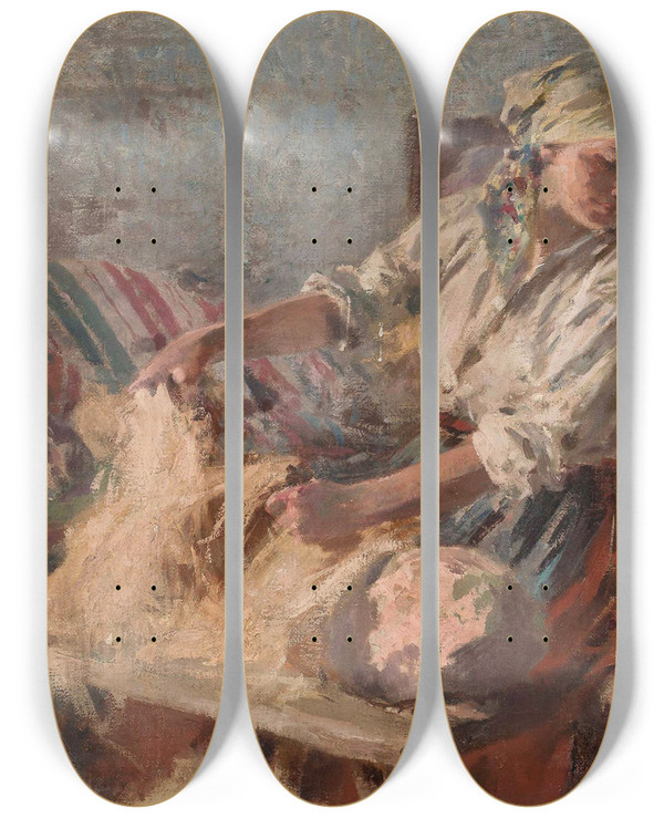 Triptych art skateboard deck of Zdzisaw Jasiski Flax Combing by Zdzislaw Jasinski (1863-1932)