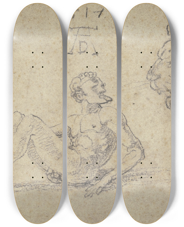 Triptych art skateboard deck of Albrecht Drer Sitzender Nackter Mann Mit Einem Lwen by Albrecht Durer (1471-1528)