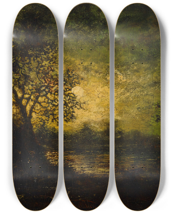 Triptych art skateboard deck of Ralph Albert Blakelock Moonlight_3 by Ralph Albert Blakelock (1847-1919)