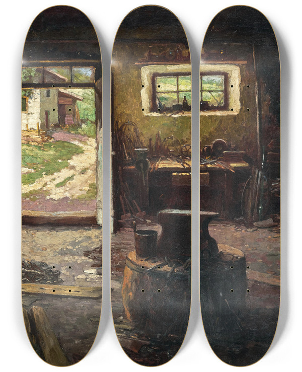 Triptych art skateboard deck of Konstantin Stoitzner Dorfschmiede In Faistenau by Konstantin Stoitzner (1863-1934)