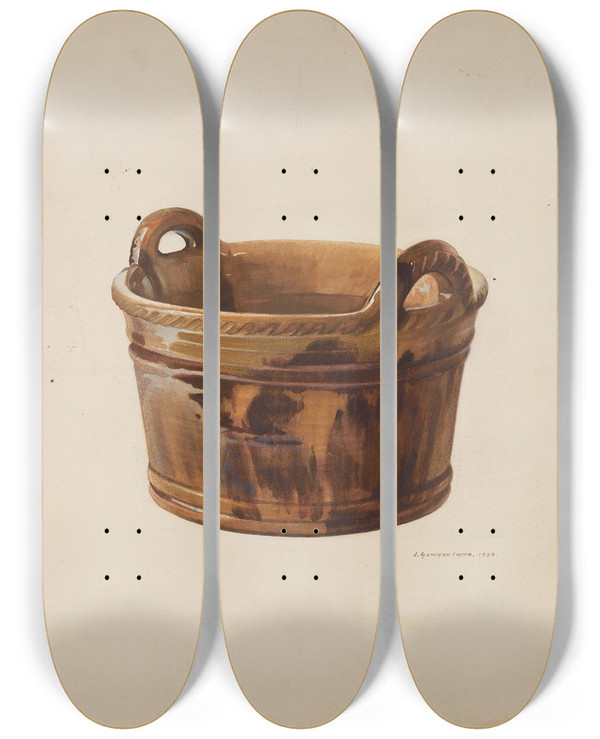 Triptych art skateboard deck of J Howard Iams Pottery Basket by J Howard Iams (20-)