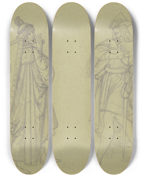 Triptych art skateboard deck of Ferdinand Fellner The Disputing Kings by Ferdinand Fellner (1799-1859)