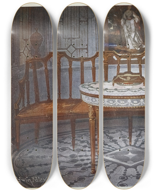 Triptych art skateboard deck of Edwin Foley Carved Satinwood Barback Settee Painted And Gilt Table by Edwin Foley (1859-1912)