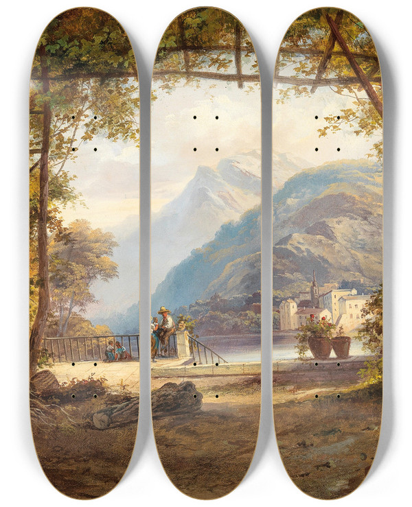 Triptych art skateboard deck of Franz Barbarini An Einem Oberitalienischen See by Franz Barbarini (1804-1873)