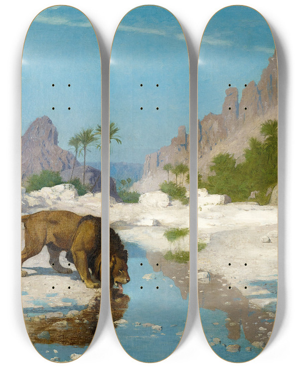 Triptych art skateboard deck of Jeanlon Grme Lion In The Desert by Jean-Lon Grme (1824-1904)