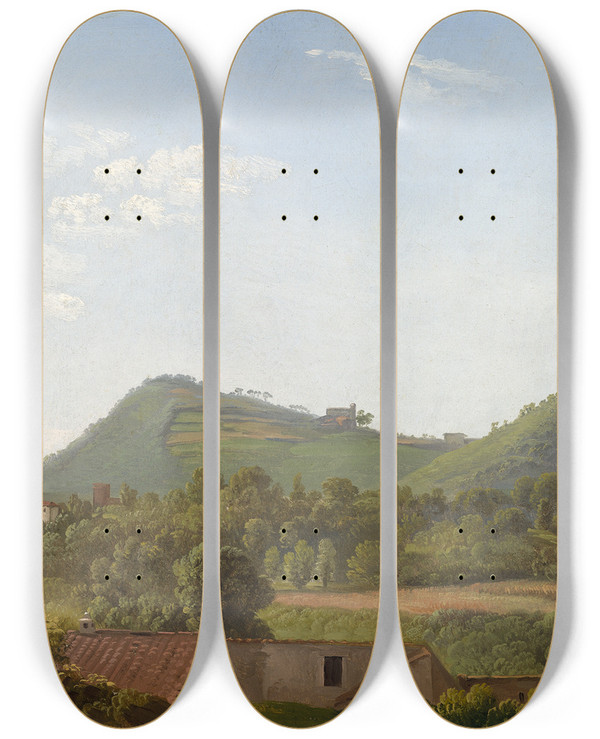Triptych art skateboard deck of Simon Denis View Near Naples by Simon Denis (1755-1813)