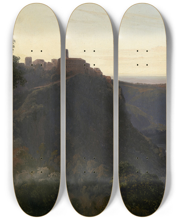 Triptych art skateboard deck of Jules Coignet View Of Lake Nemi by Jules Coignet (1798-1860)