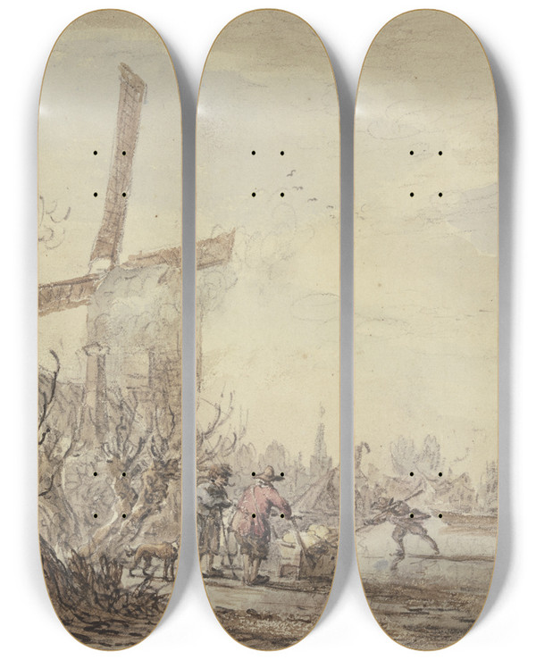 Triptych art skateboard deck of Jacob Van Strij Riverbank With Windmill by Jacob Van Strij (1756-1815)