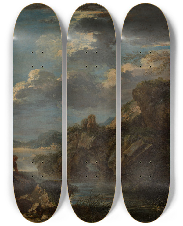 Triptych art skateboard deck of Salvator Rosa Bandits On A Rocky Coast by Salvator Rosa (1615-1673)