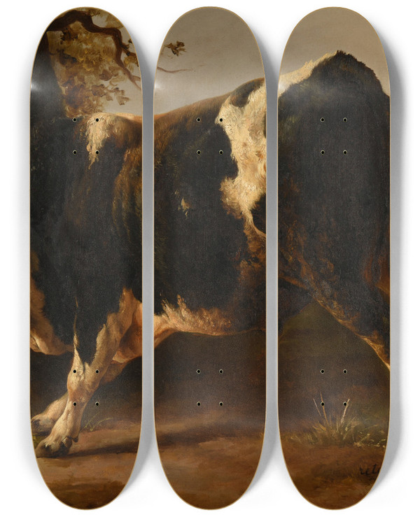 Triptych art skateboard deck of Jacquesraymond Brascassat Taureau En Courroux by Jacques Raymond Brascassat (1804-1867)
