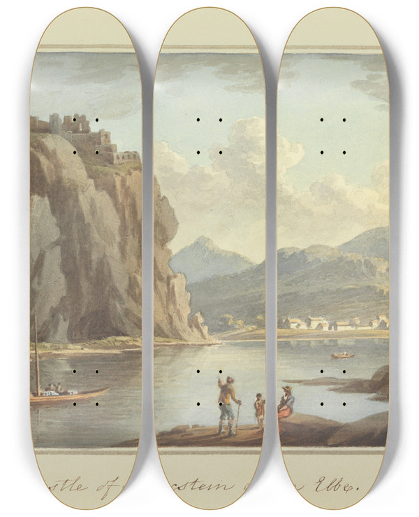 Triptych art skateboard deck of John Warwick Smith Castle Of Schrecstein On The Elbe by John Warwick Smith (1749-1831)