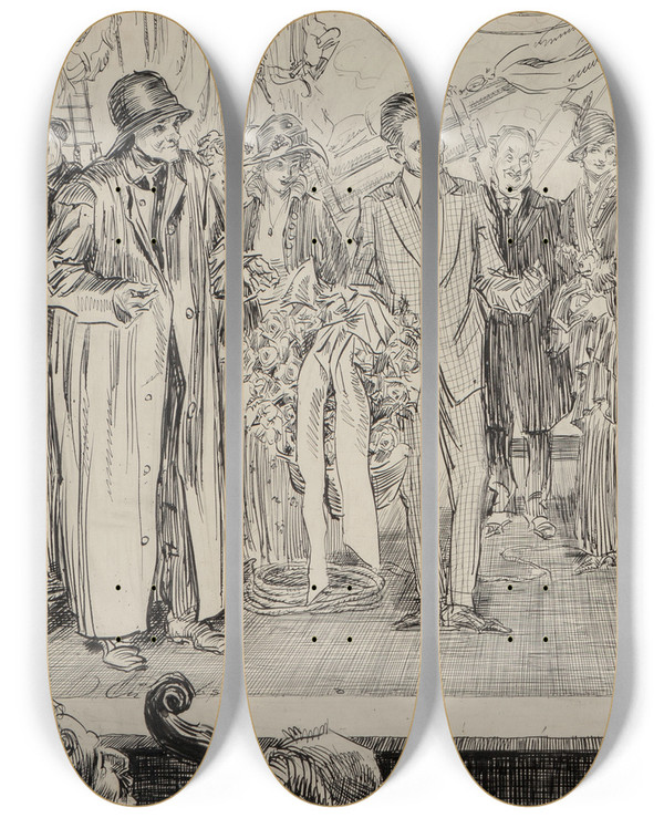 Triptych art skateboard deck of Charles Dana Gibson When My Ship Comes In by Charles Dana Gibson (1867-1944)