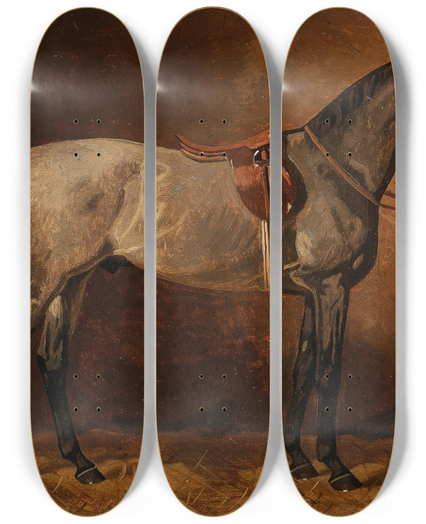 Triptych art skateboard deck of Emil Volkers Grauer Schimmel Im Stall by Emil Volkers (1831-1905)