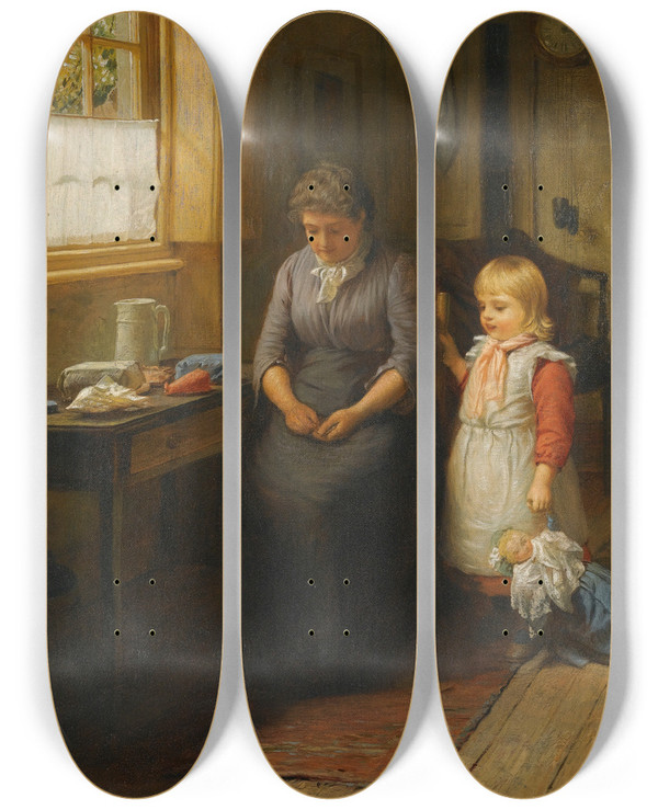 Triptych art skateboard deck of Harry Brooker Counting The Change by Harry Brooker (1848-1940)