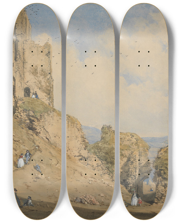 Triptych art skateboard deck of Joseph Nash Corfe Castle Dorset by Joseph Nash (1808-1878)