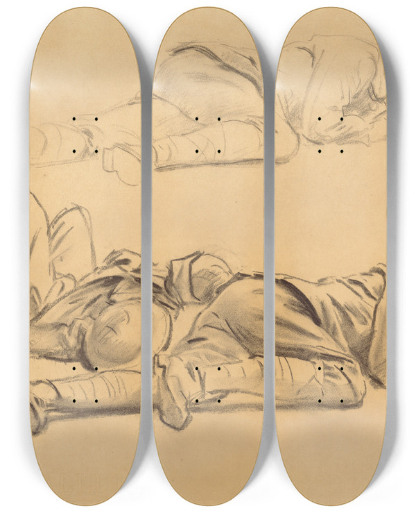 Triptych art skateboard deck of John Singer Sargent Studies For Gassed Ii by John Singer Sargent (1856-1925)