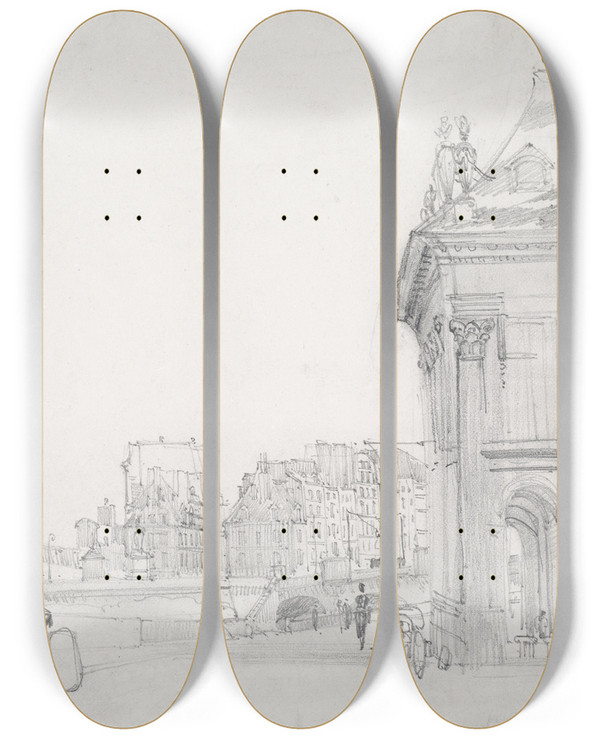 Triptych art skateboard deck of Thomas Shotter Boys Ile De La Cit From The Institut Paris by Thomas Shotter Boys (1803-1874)