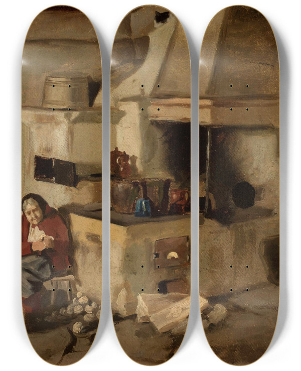 Triptych art skateboard deck of Aleksander Kotsis Kitchen Interior by Aleksander Kotsis (1836-1877)