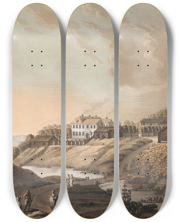 Triptych art skateboard deck of Georg Haas Seconde Vue De Stubbelian by Georg Haas (1756-1817)