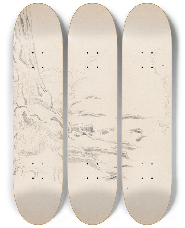 Triptych art skateboard deck of Hans Gude Trestamme by Hans Gude (1825-1903)