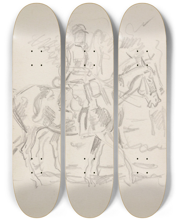 Triptych art skateboard deck of Ivan Ivanec Szkic Dwch Onierzy Na Koniach by Ivan Ivanec (1893-1946)