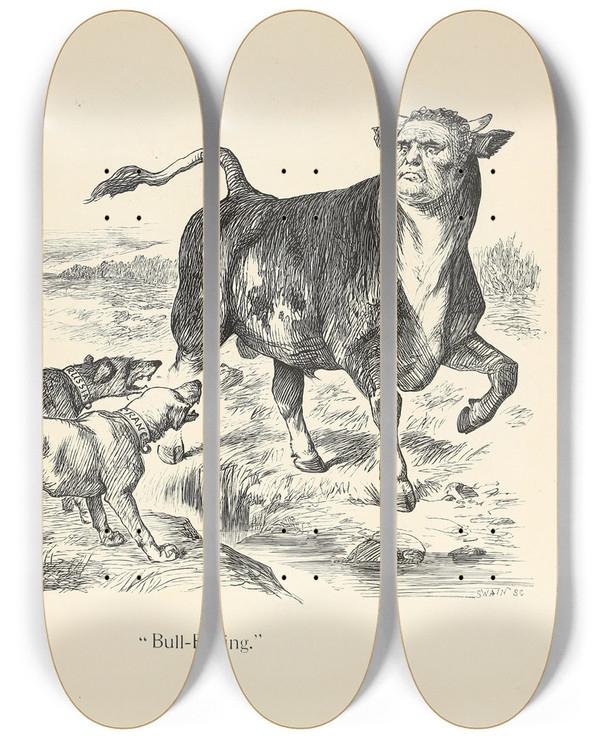 Triptych art skateboard deck of Sir John Tenniel Bullbaiting by Sir John Tenniel (1820-1914)