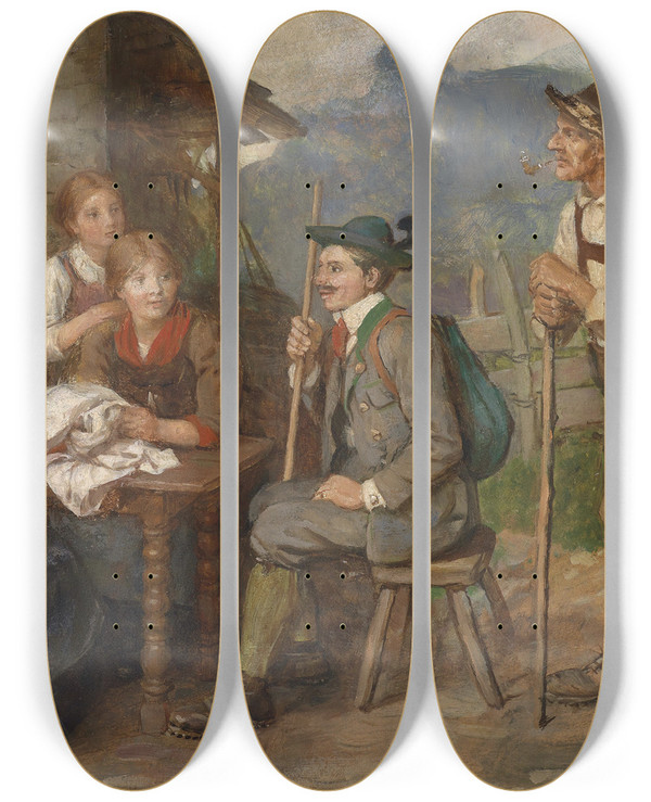 Triptych art skateboard deck of Franz Von Defregger Salontiroler by Franz Von Defregger (1835-1921)