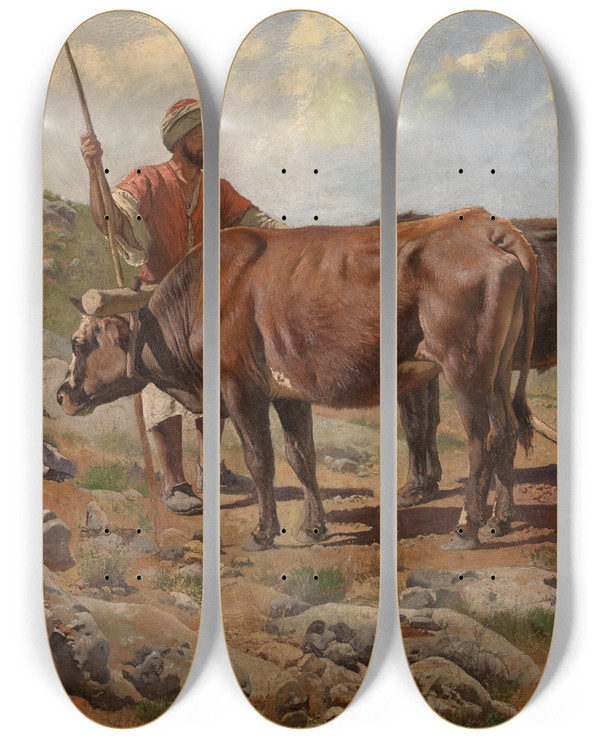 Triptych art skateboard deck of Charles Verlat Plough Oxes With Fellah by Charles Verlat (1824-1890)