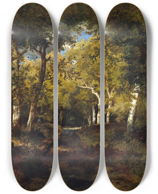Triptych art skateboard deck of Narcissevirgile Diaz De La Pea In The Forest by Narcisse-Virgile Diaz de La Pea (1808-1876)
