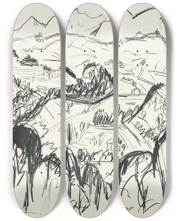 Triptych art skateboard deck of Hermann Scherer Landschaft Im Tessin by Hermann Scherer (1893-1927)