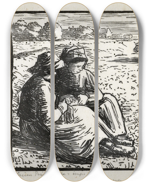 Triptych art skateboard deck of Lucien Pissarro Twee Veehoedsters by Lucien Pissarro (1863-1944)