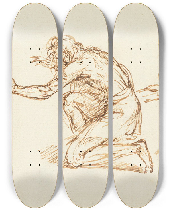Triptych art skateboard deck of Benjamin West Two Kneeling Figures by Benjamin West (1738-1820)