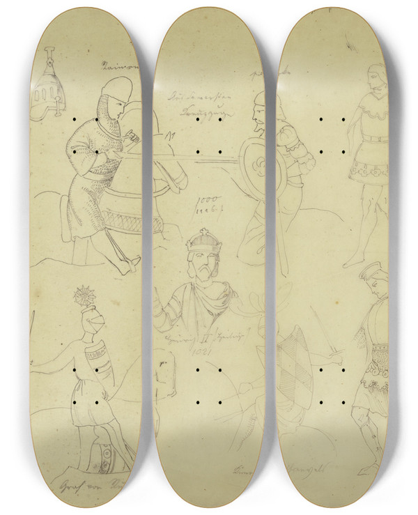 Triptych art skateboard deck of Philipp Winterwerb Medieval Figures_2 by Philipp Winterwerb (1837-1873)