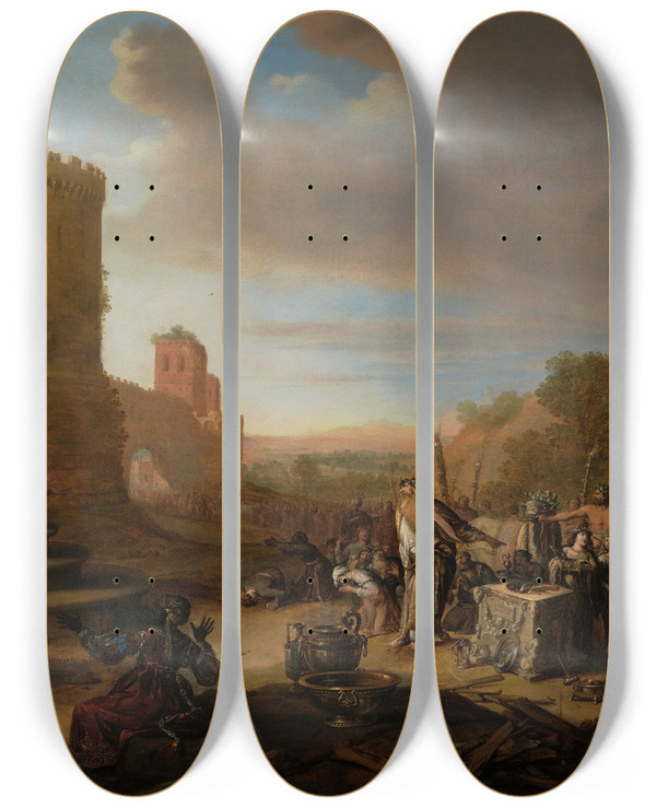 Triptych art skateboard deck of Bartholomeus Breenbergh Saints Paul And Barnabas At Lystra Sacrifice At Lystra by Bartholomeus Breenbergh (1598-1657)