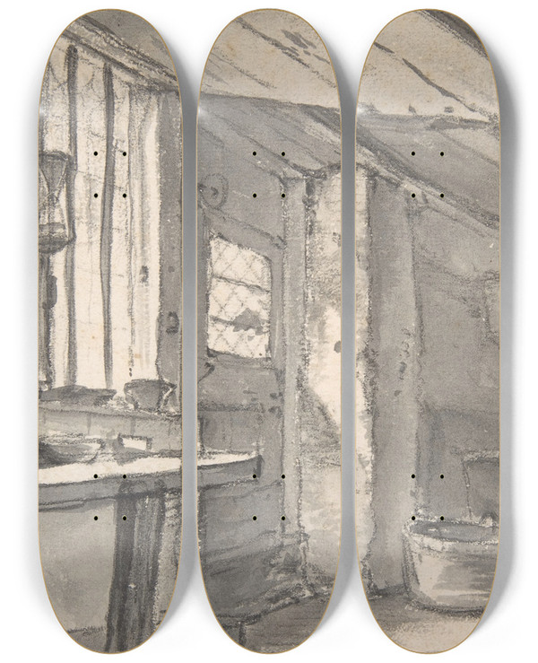 Triptych art skateboard deck of Thomas Wijck Workshop Interior by Thomas Wijck (1616-1677)