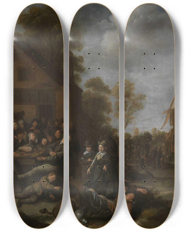 Triptych art skateboard deck of Jan Miense Molenaer Village Feast by Jan Miense Molenaer (1610-1668)