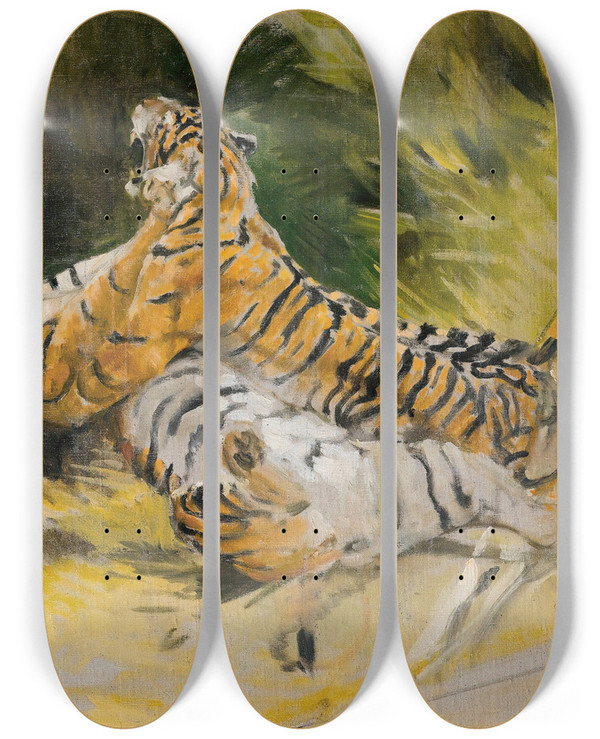 Triptych art skateboard deck of Aim Morot Two Tigers Fighting by Aime Morot (1850-1913)