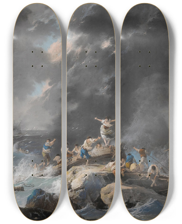 Triptych art skateboard deck of Jeanbaptiste Pillement A Shipwreck On A Coast During A Storm A Lighthouse Beyond by Jean-Baptiste Pillement (1728-1808)