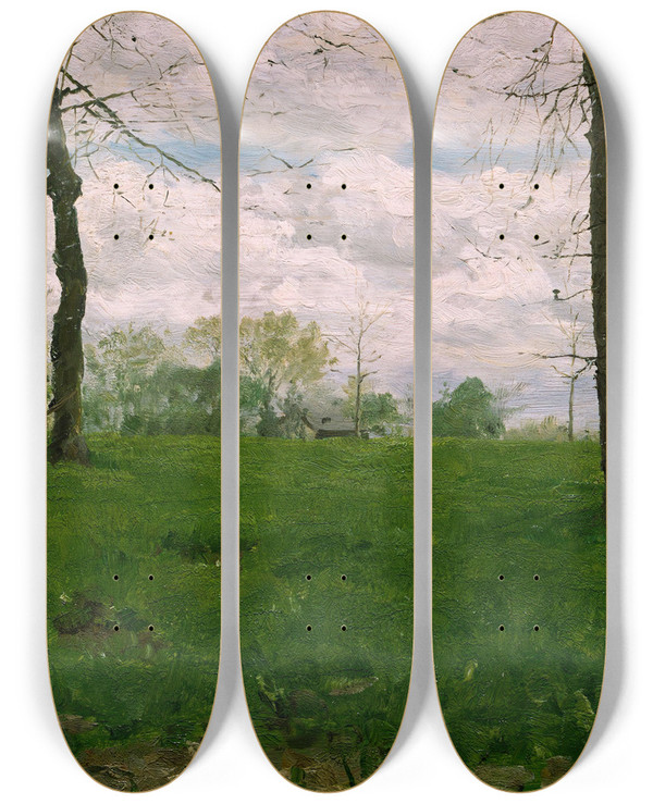 Triptych art skateboard deck of Erik Werenskiold Green Fields by Erik Werenskiold (1855-1938)