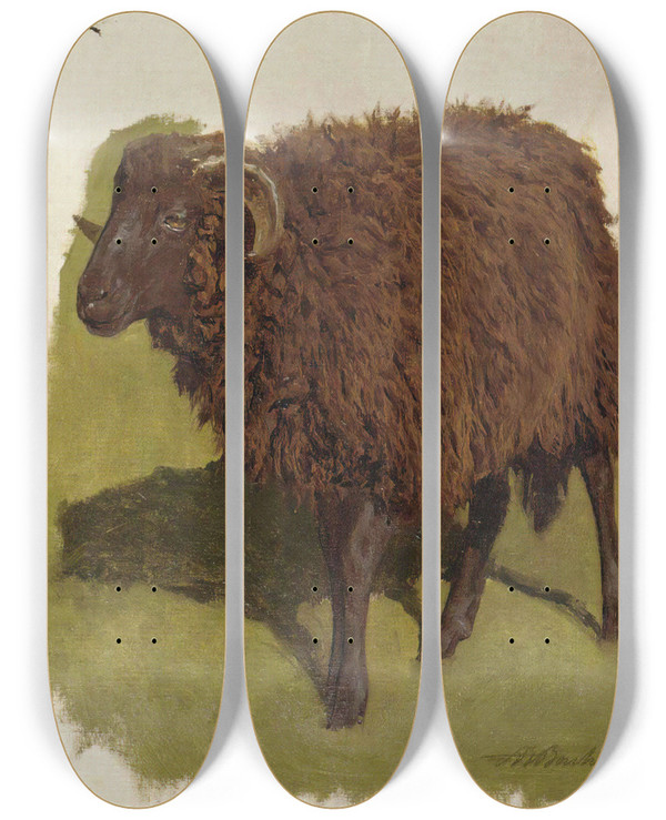 Triptych art skateboard deck of Auguste Bonheur Study Of Black Rams by Auguste Bonheur (1824-1884)