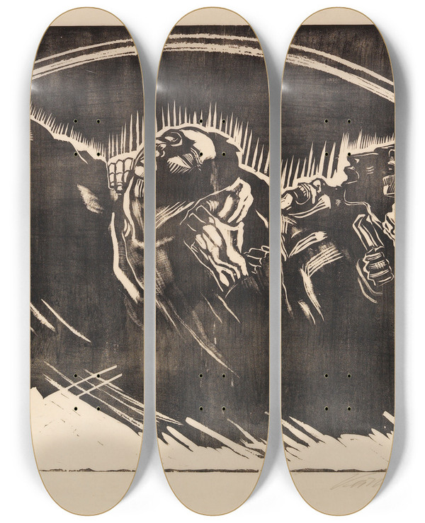 Triptych art skateboard deck of Kthe Kollwitz Die Freiwilligen by Kthe Kollwitz (1867-1945)