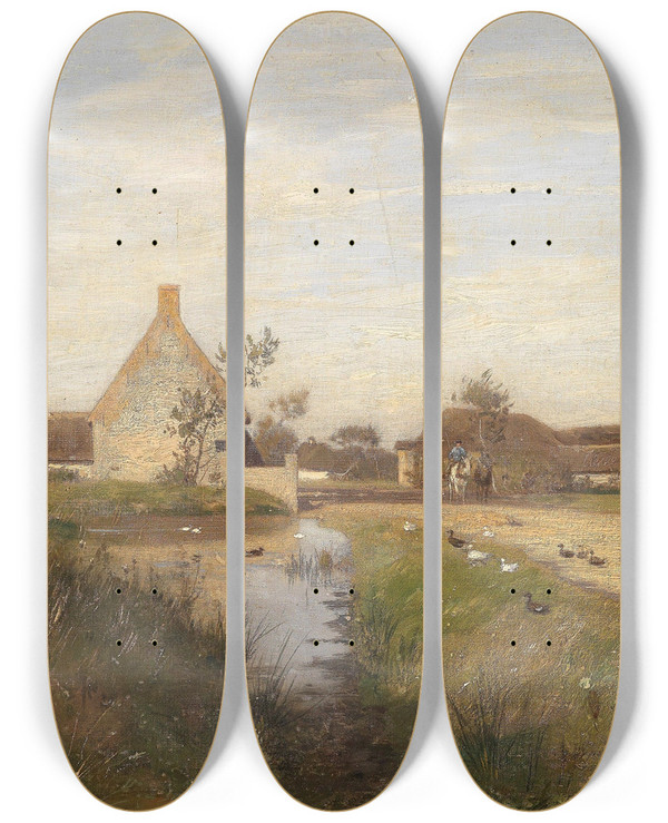 Triptych art skateboard deck of Eugen Jettel Eingang Zum Dorf Cayeux by Eugen Jettel (1845-1901)