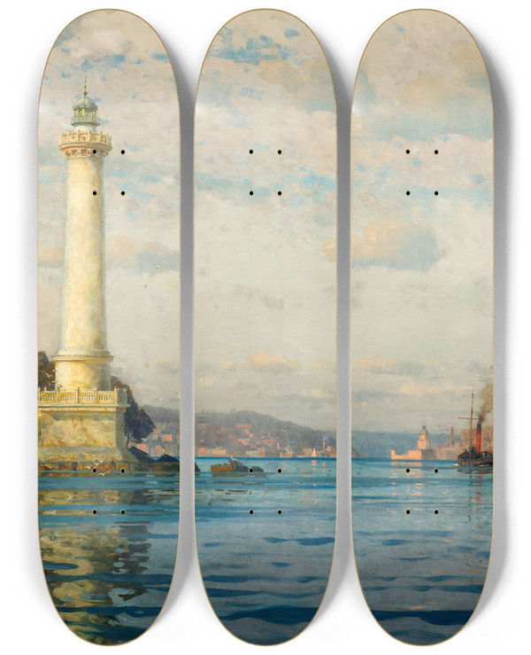 Triptych art skateboard deck of Michael Zeno Diemer The Ahrkap Lighthouse by Michael Zeno Diemer (1867-1939)