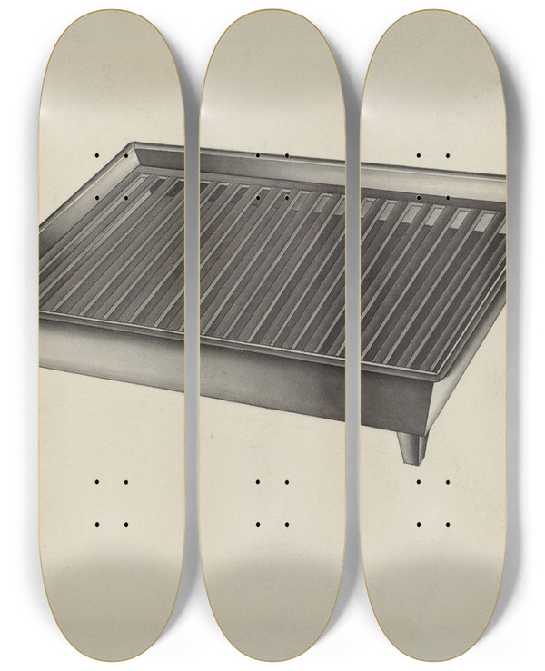 Triptych art skateboard deck of Lon Cronk Shaker Dish Drainer by Lon Cronk