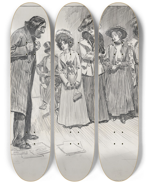 Triptych art skateboard deck of Charles Dana Gibson Studies In Expression The Author And The Soubrette_1 by Charles Dana Gibson (1867-1944)