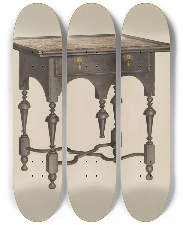 Triptych art skateboard deck of Charles Henning Tea Table by Charles Henning