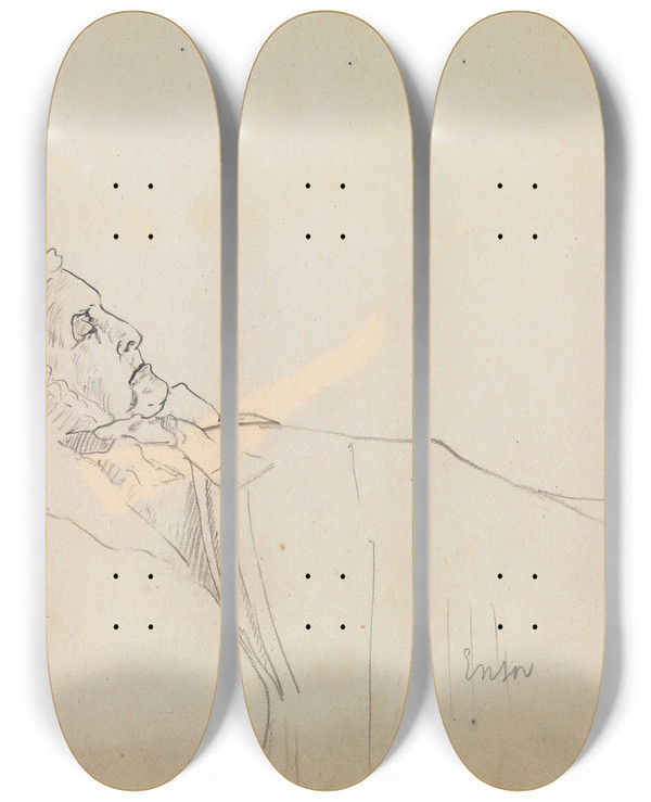 Triptych art skateboard deck of James Ensor Old Woman Sleeping_1 by James Ensor (1860-1949)