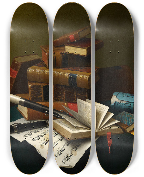 Triptych art skateboard deck of William Michael Harnett Music And Literature by William Michael Harnett (1848-1892)