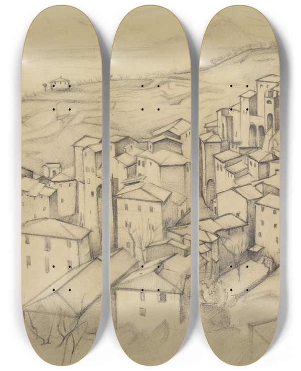 Triptych art skateboard deck of Alexander Kanoldt Huser In Olevano Querformat Olevano Iv by Alexander Kanoldt (1881-1939)