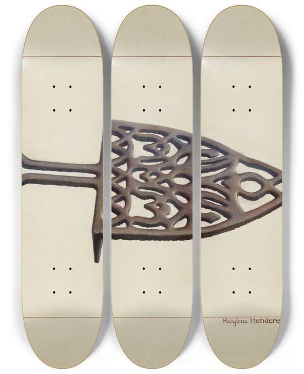 Triptych art skateboard deck of Regina Henderer Iron Holder by Regina Henderer